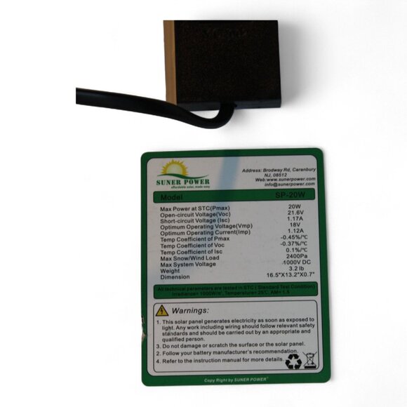 Suner Power 20W Solar Panel With Cable & Connector For Outdoor Use - Picture 4 of 6